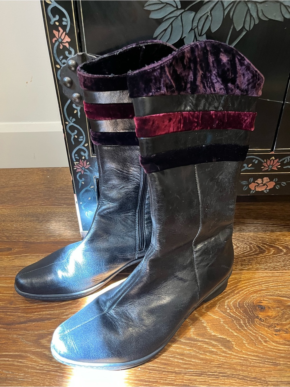 Think! Black Leather Hobo Mid-Calf Boots with Velvet Trim